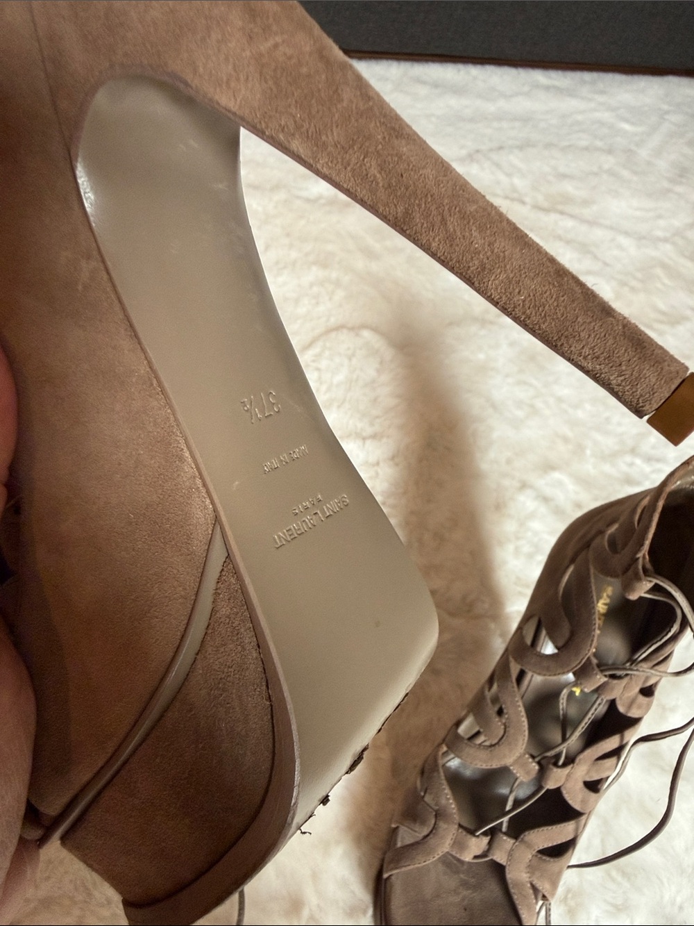 Saint Laurent Taupe Suede Lace-Up Cutout Stiletto Heels - Picture 4 of 6